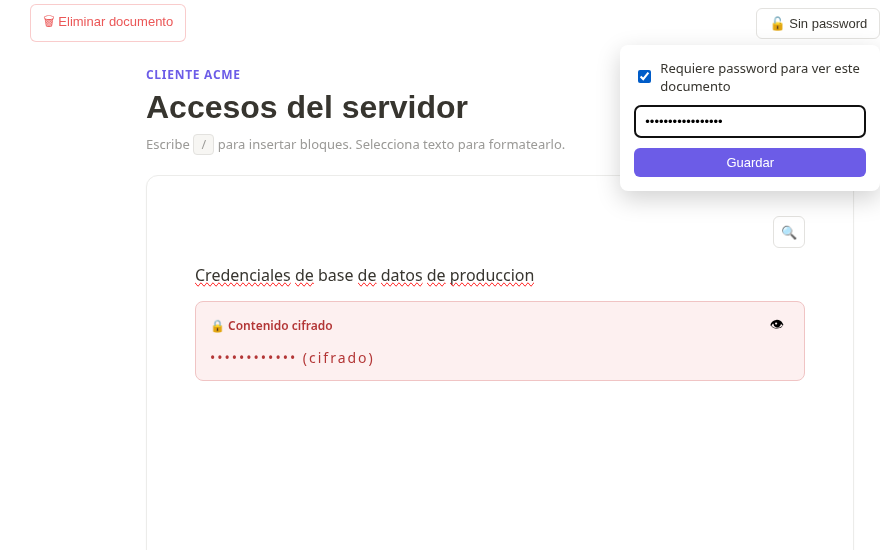 Panel de Grivox activando una contraseña adicional para un documento específico