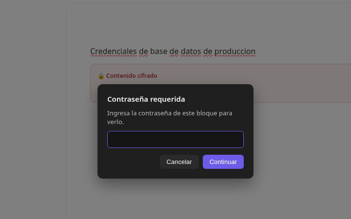 Bloque de contenido cifrado en Grivox pidiendo la contraseña del bloque para revelarlo