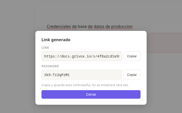 Modal de Grivox mostrando el link y la contraseña generados al compartir un workspace
